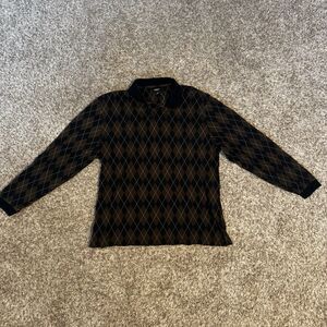 NWOT Van Heusen Preppy Men's Black Brown Argyle Knit Long sleeve polo Rugby XL